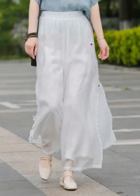 Loose White elastic waist Embroideried Linen Pants Spring