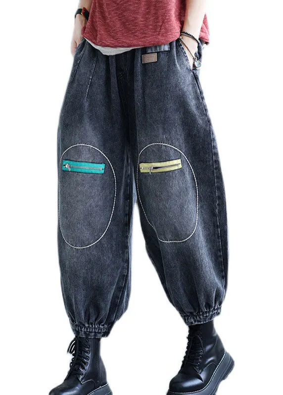 Natural Black Casual Elastic Waist Pockets Fall Denim Pants