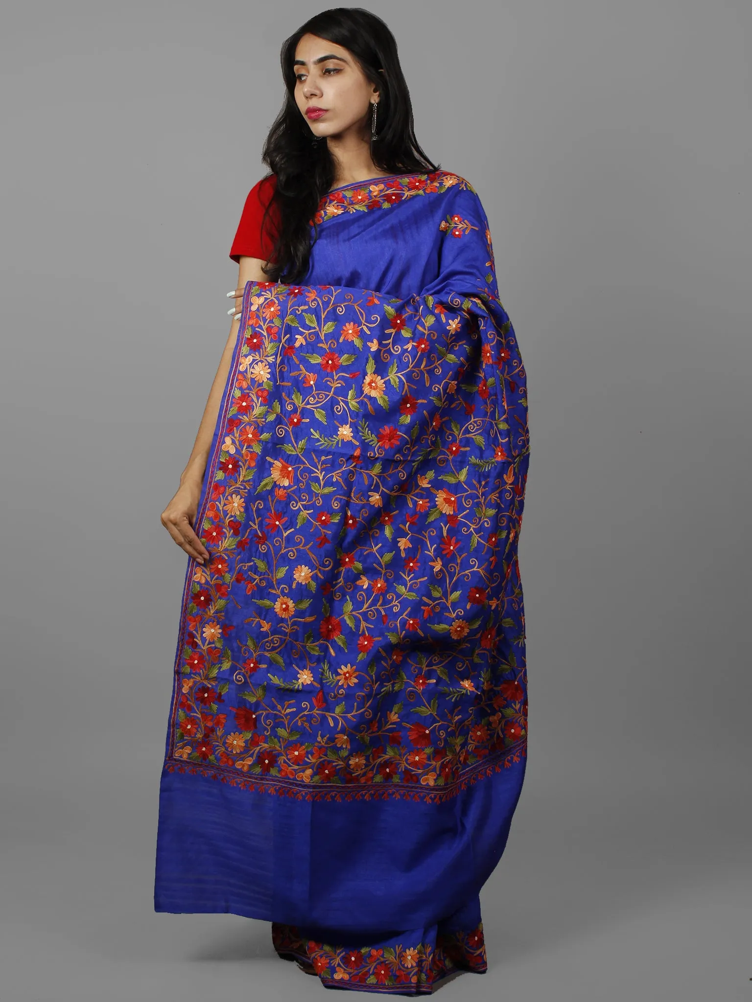 Navy Blue Red Green Yellow Aari Embroidered Bhagalpuri Silk  Saree From Kashmir  - S031702152