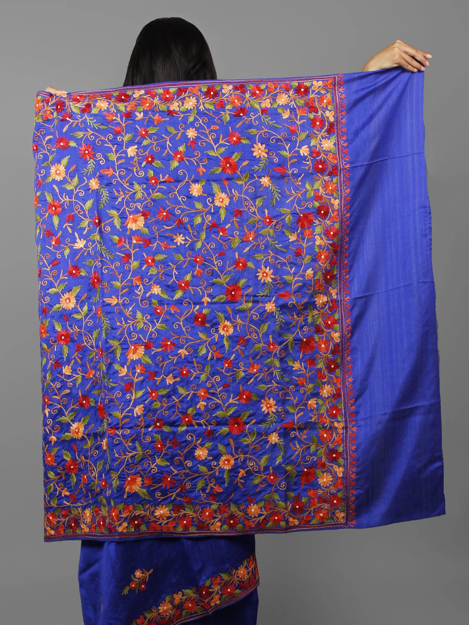 Navy Blue Red Green Yellow Aari Embroidered Bhagalpuri Silk  Saree From Kashmir  - S031702152