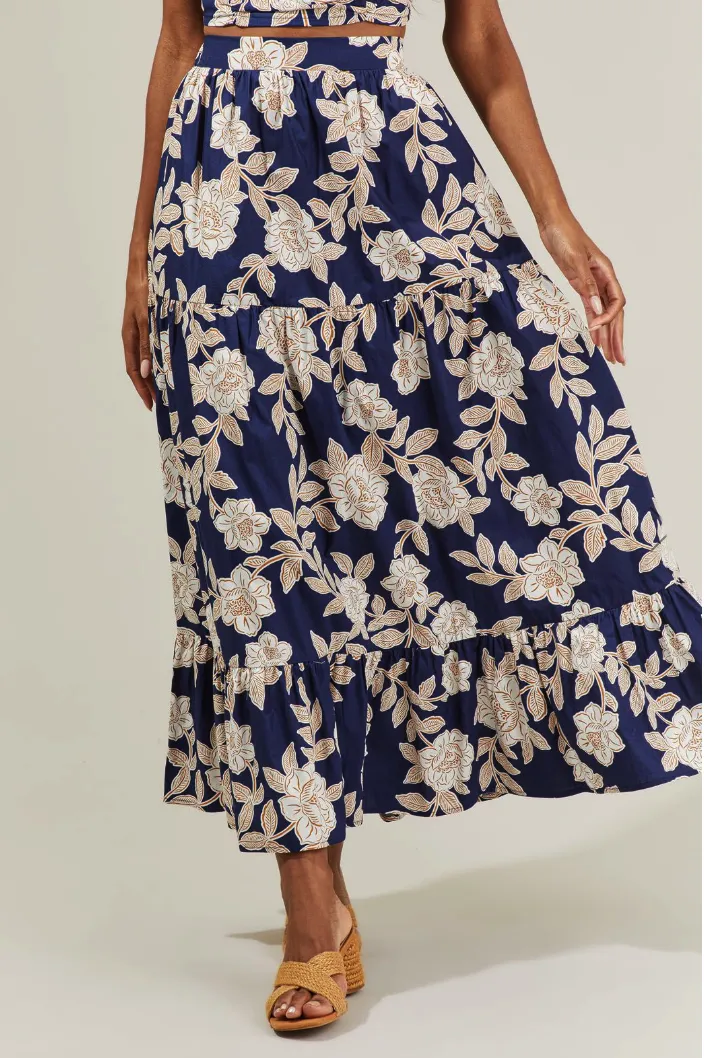 Navy Floral Ruffled Maxi Skirt