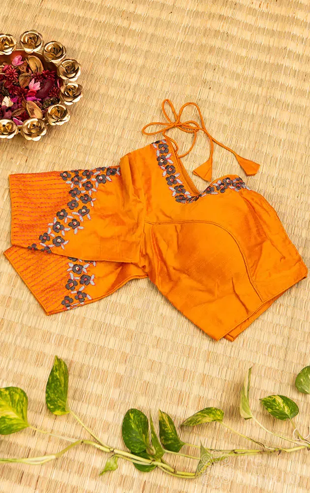 Orange hand  embroidered raw silk blouse with neck pattern