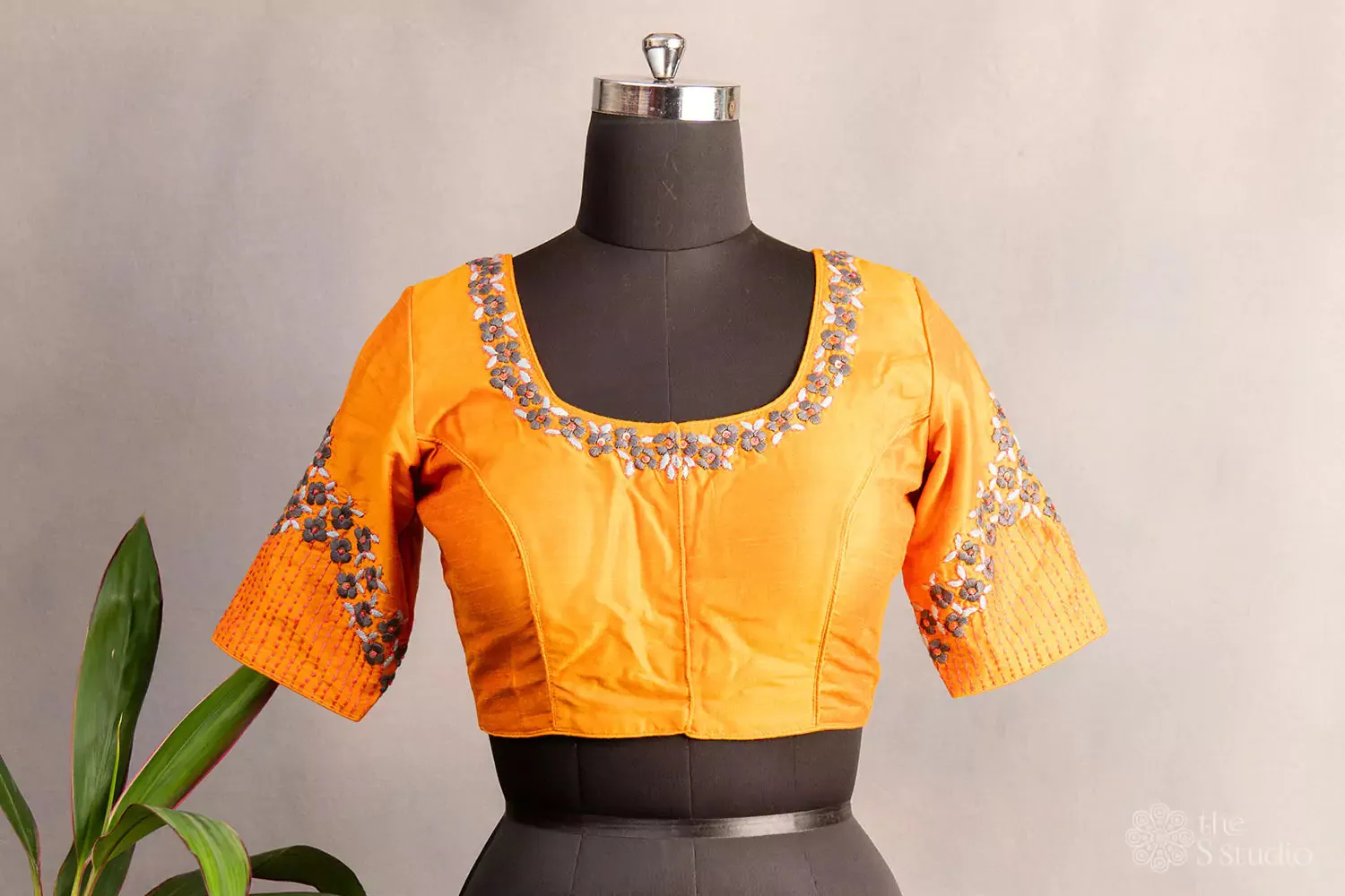 Orange hand  embroidered raw silk blouse with neck pattern