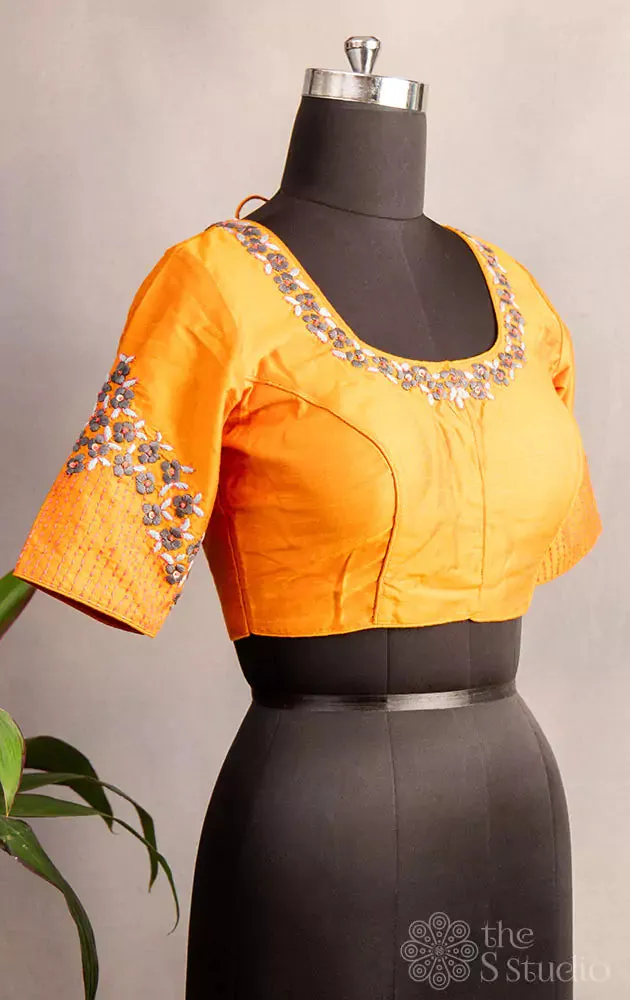 Orange hand  embroidered raw silk blouse with neck pattern