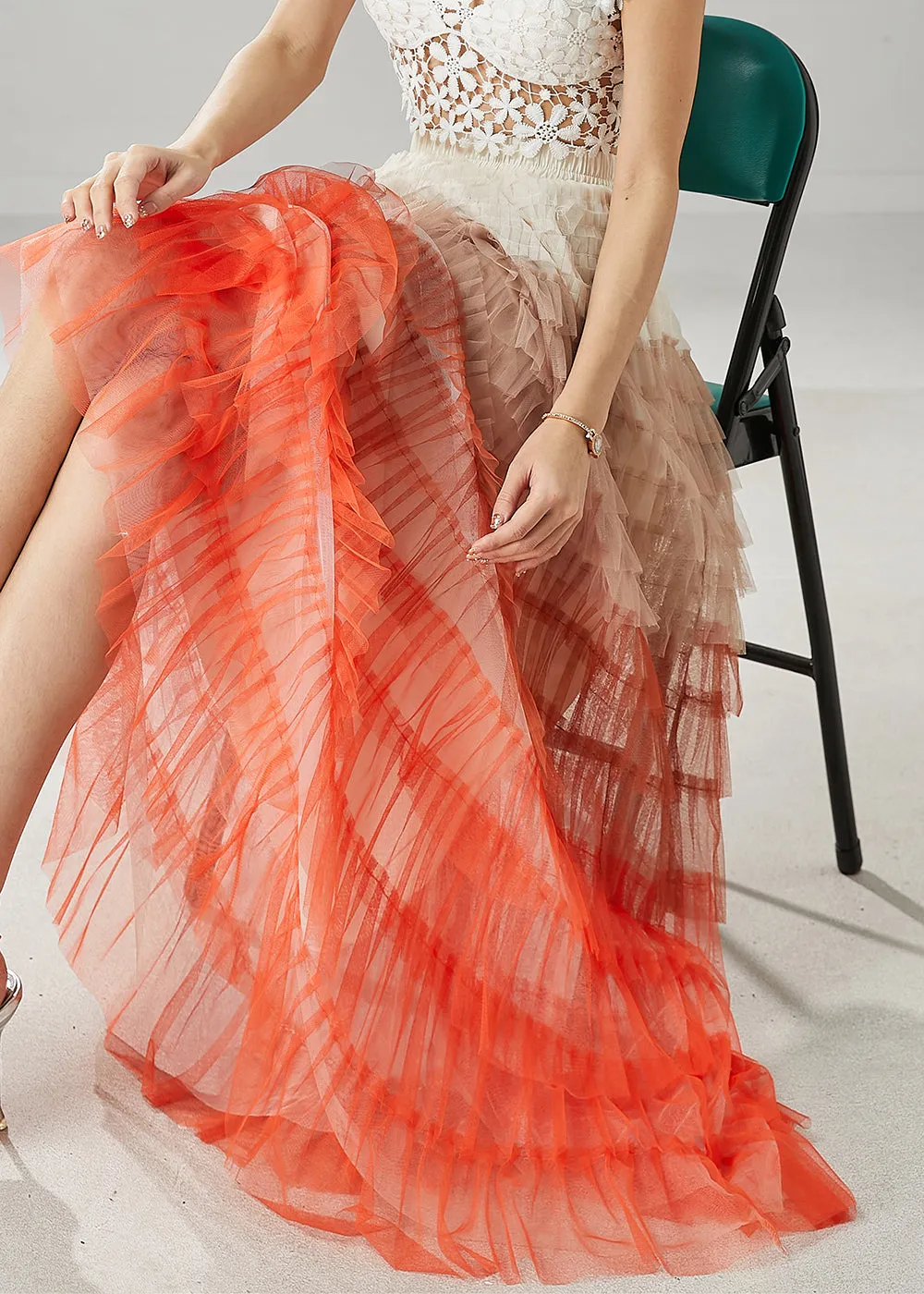 Organic Orange Ruffled Patchwork Tulle Skirts Summer YU1027