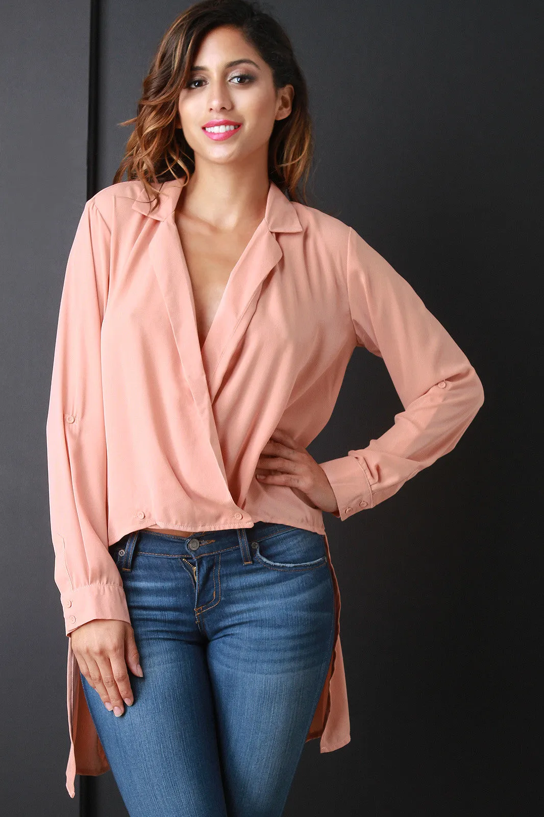 Overlap V-Neck High Low Shirt