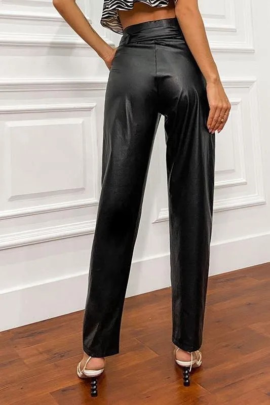 Paperbag Waist Belted Pu Leather Pants