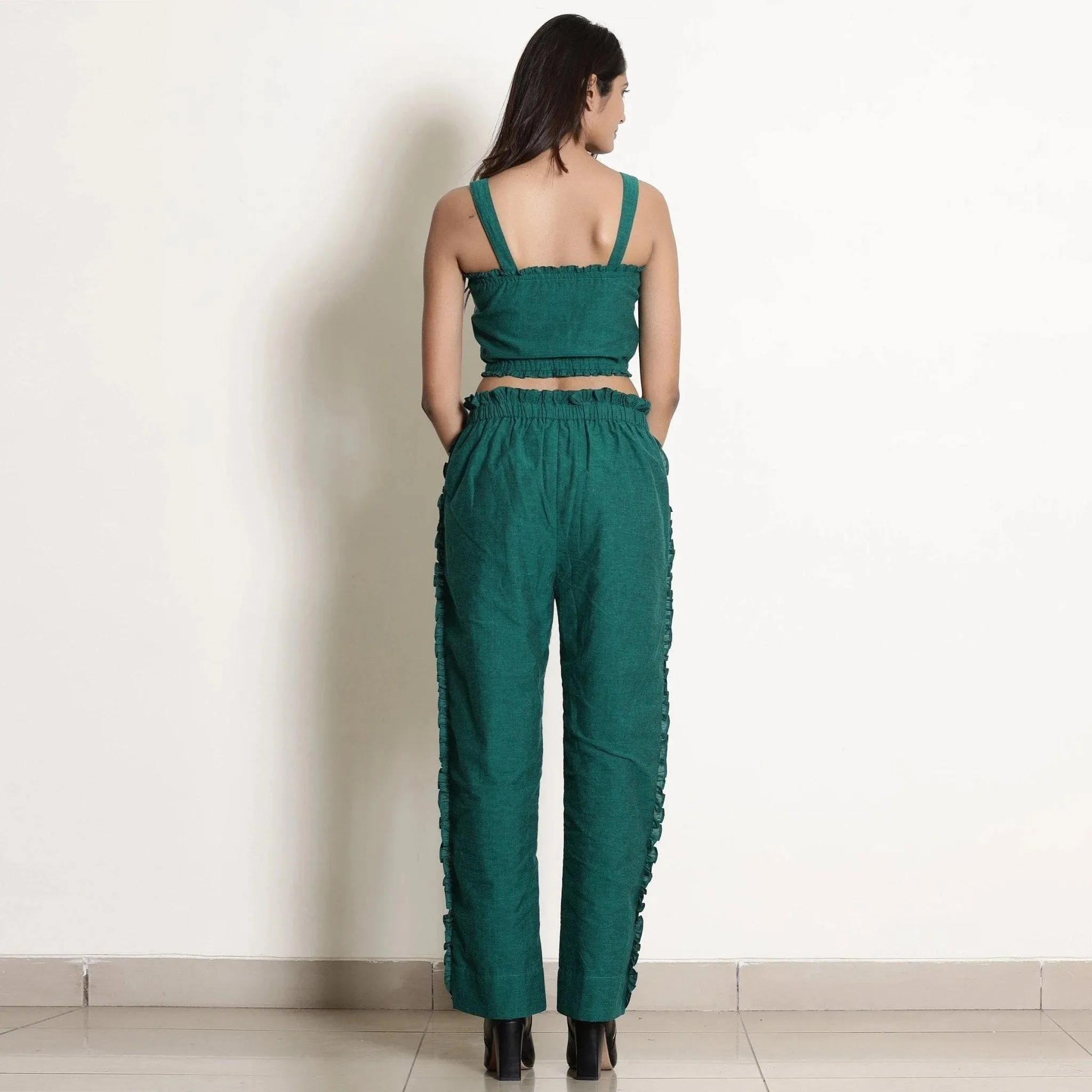 Pine Green Frill Warm Cotton Mid-Rise Paperbag Pant