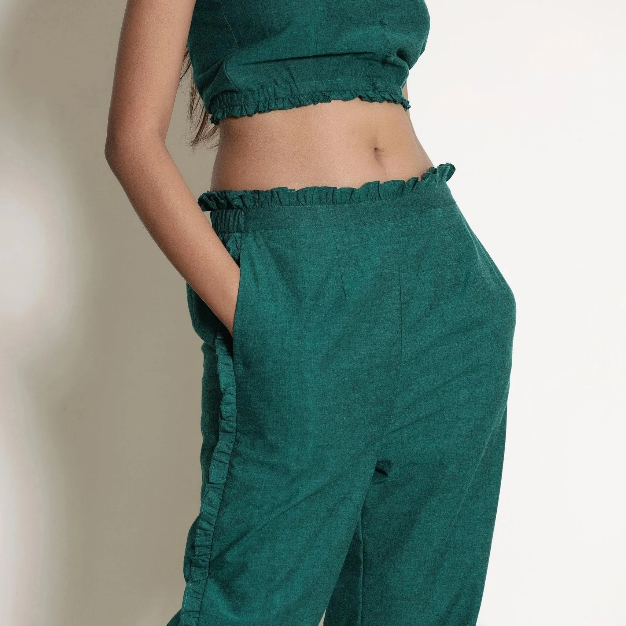 Pine Green Frill Warm Cotton Mid-Rise Paperbag Pant