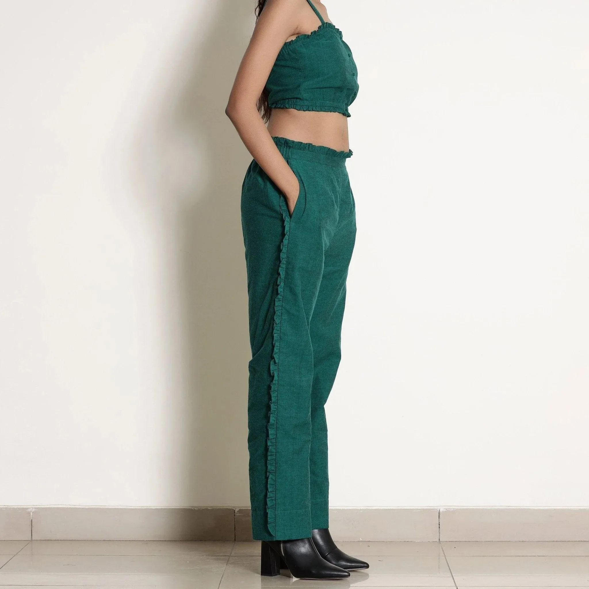 Pine Green Frill Warm Cotton Mid-Rise Paperbag Pant