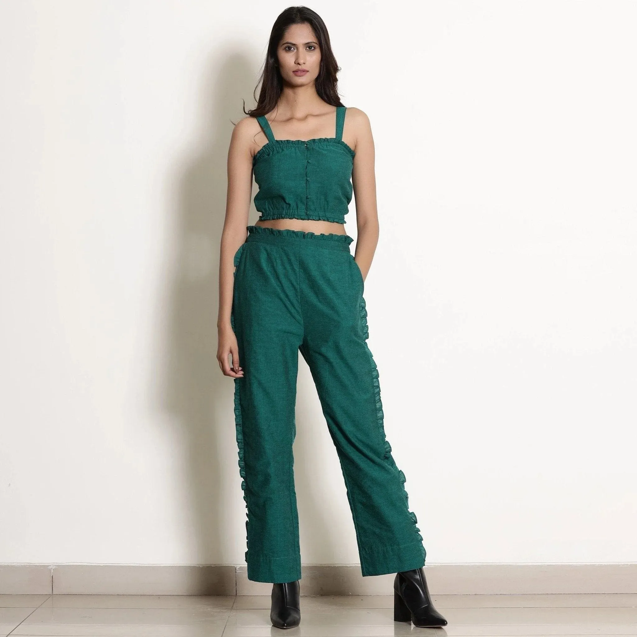 Pine Green Frill Warm Cotton Mid-Rise Paperbag Pant