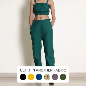 Pine Green Frill Warm Cotton Mid-Rise Paperbag Pant