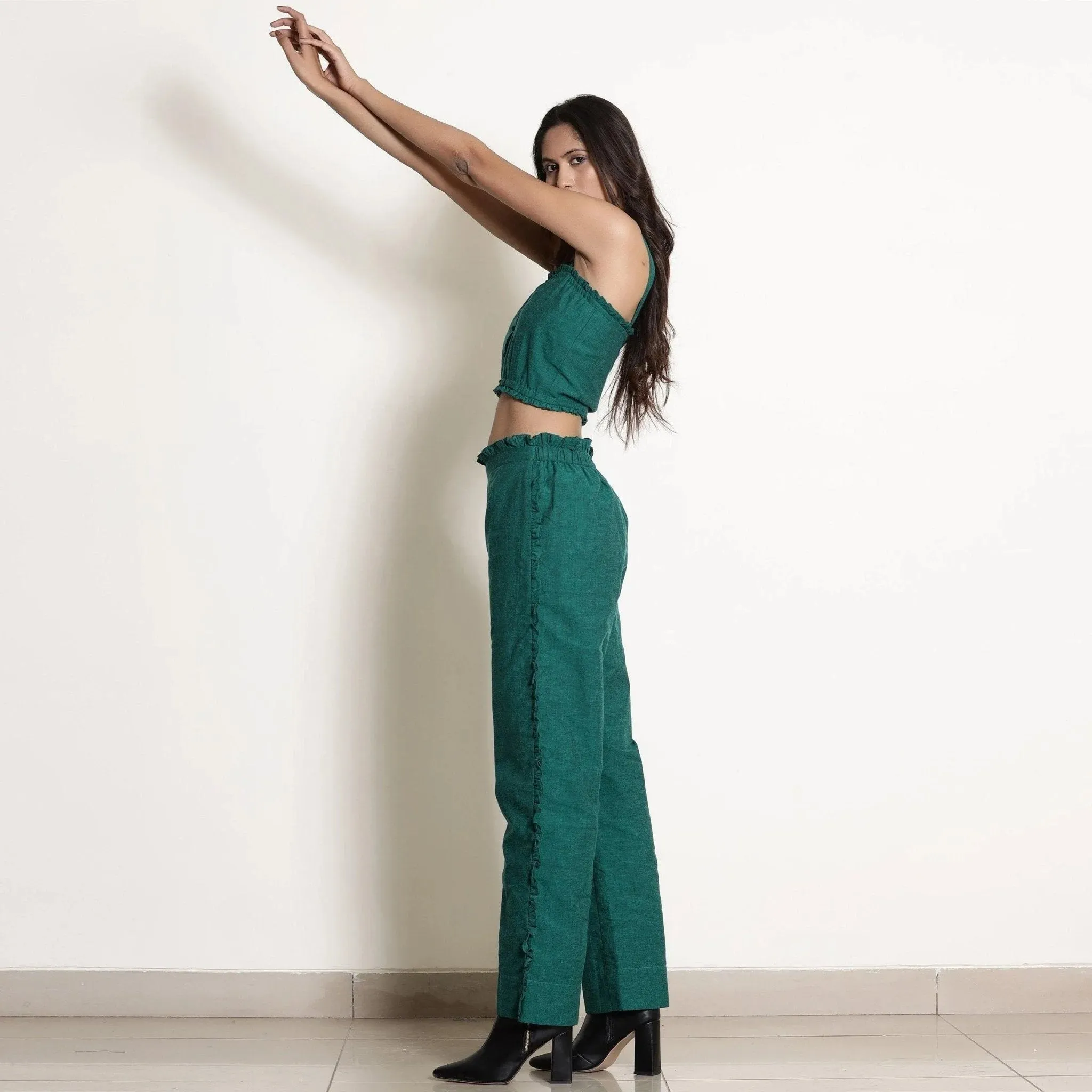 Pine Green Frill Warm Cotton Mid-Rise Paperbag Pant