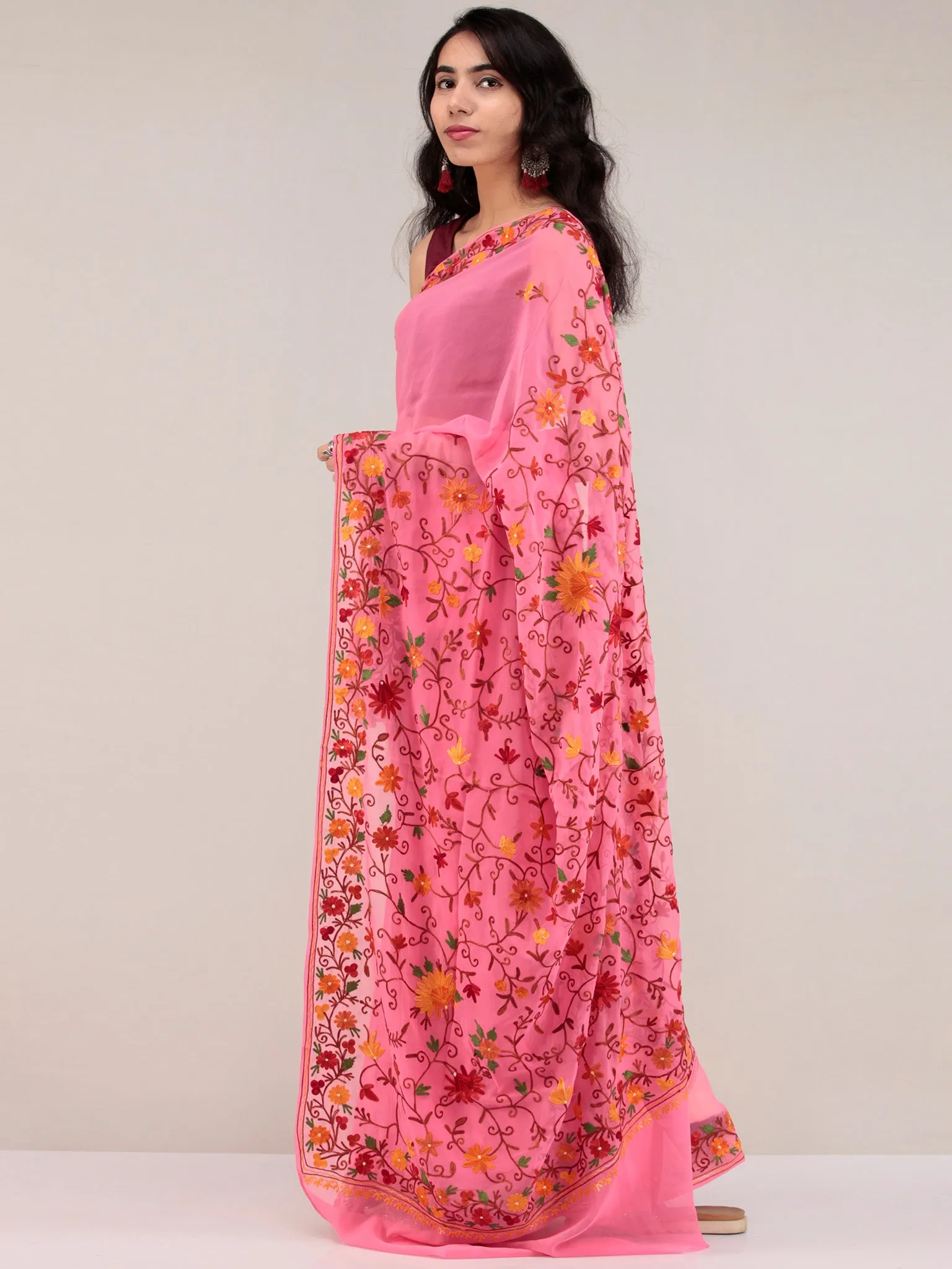 Pink Aari Embroidered Georgette Saree From Kashmir  - S031704622