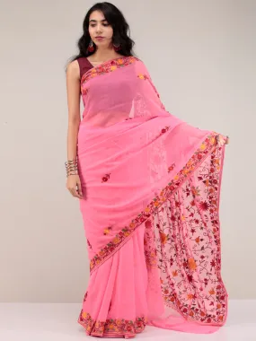 Pink Aari Embroidered Georgette Saree From Kashmir  - S031704622