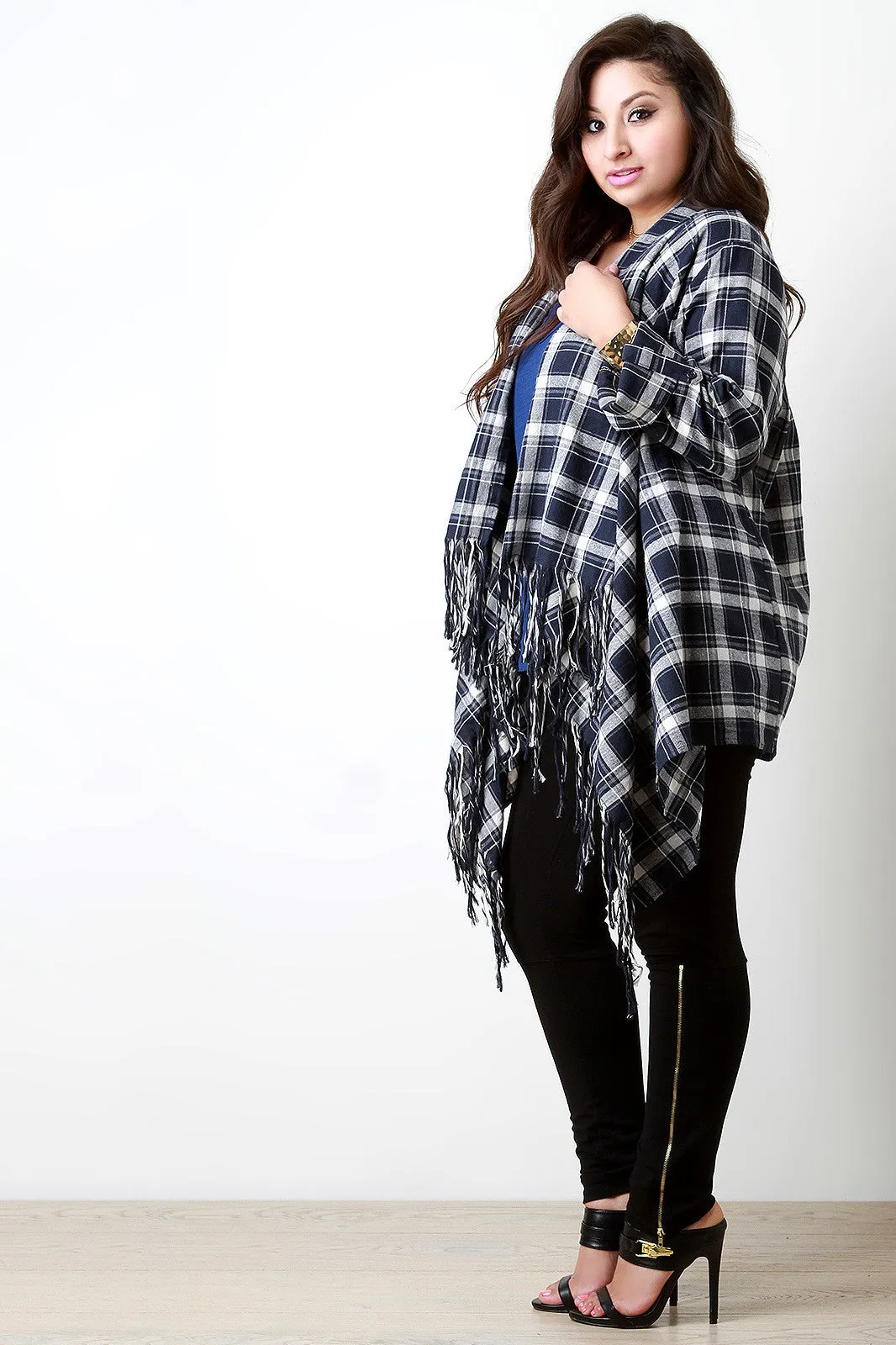 Plaid Fringe Hem Draped Boxy Cardigan