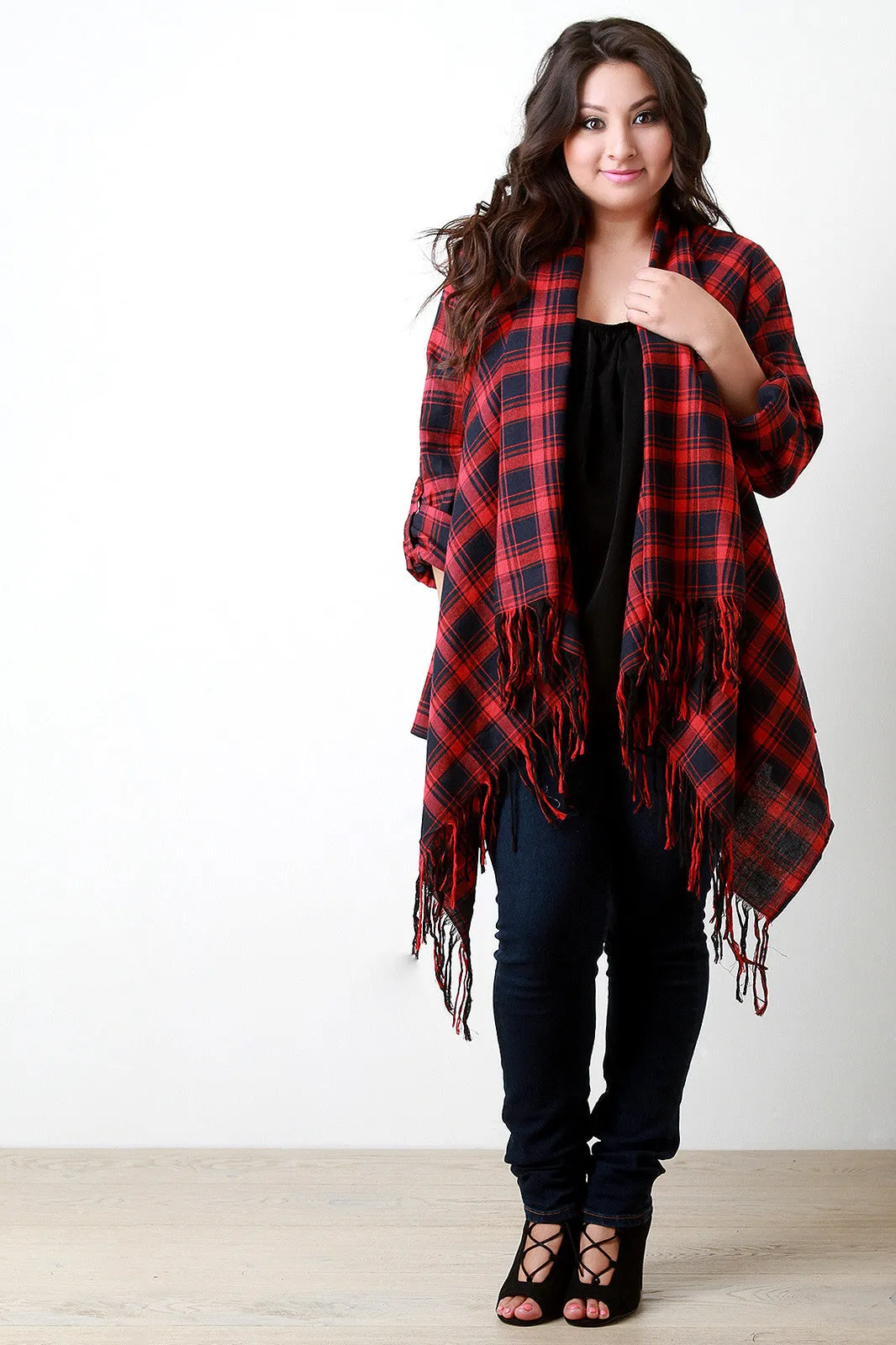 Plaid Fringe Hem Draped Boxy Cardigan