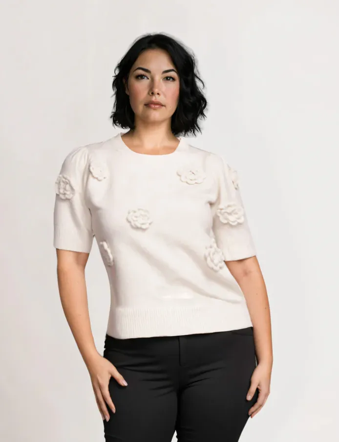 PM SS Sweater w/Rosettes-Ivory