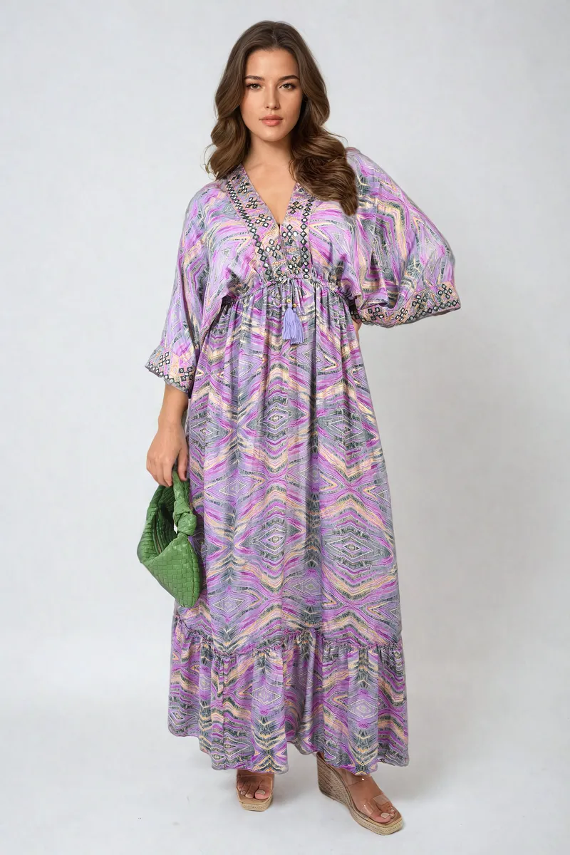 Printed Long V-Neck Ruffled Hem Maxi Dress with Front Tassel Detail