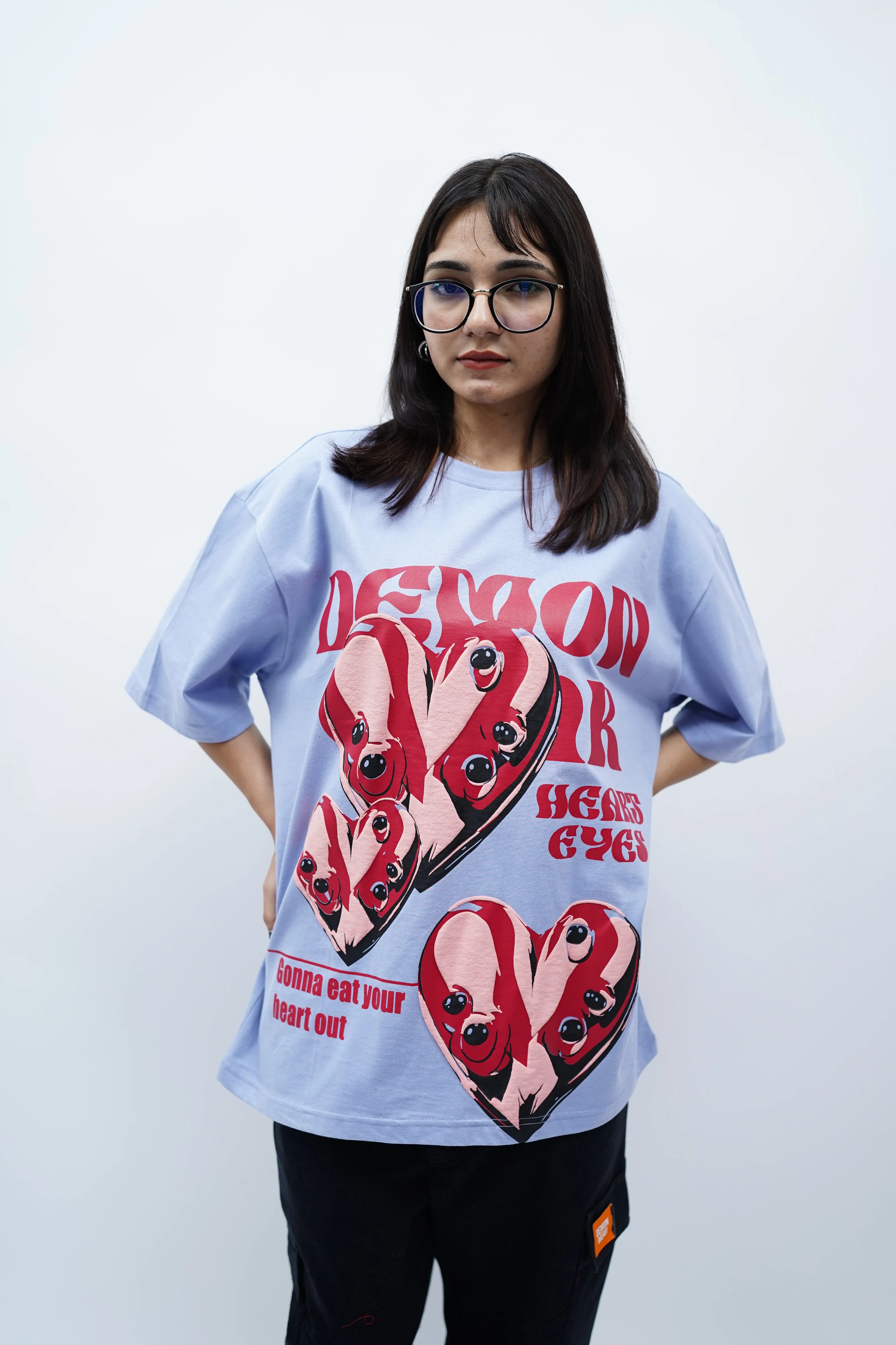 "Heart Eyes" Oversized Puff Print Lavender T-Shirt By DemonWear for Her