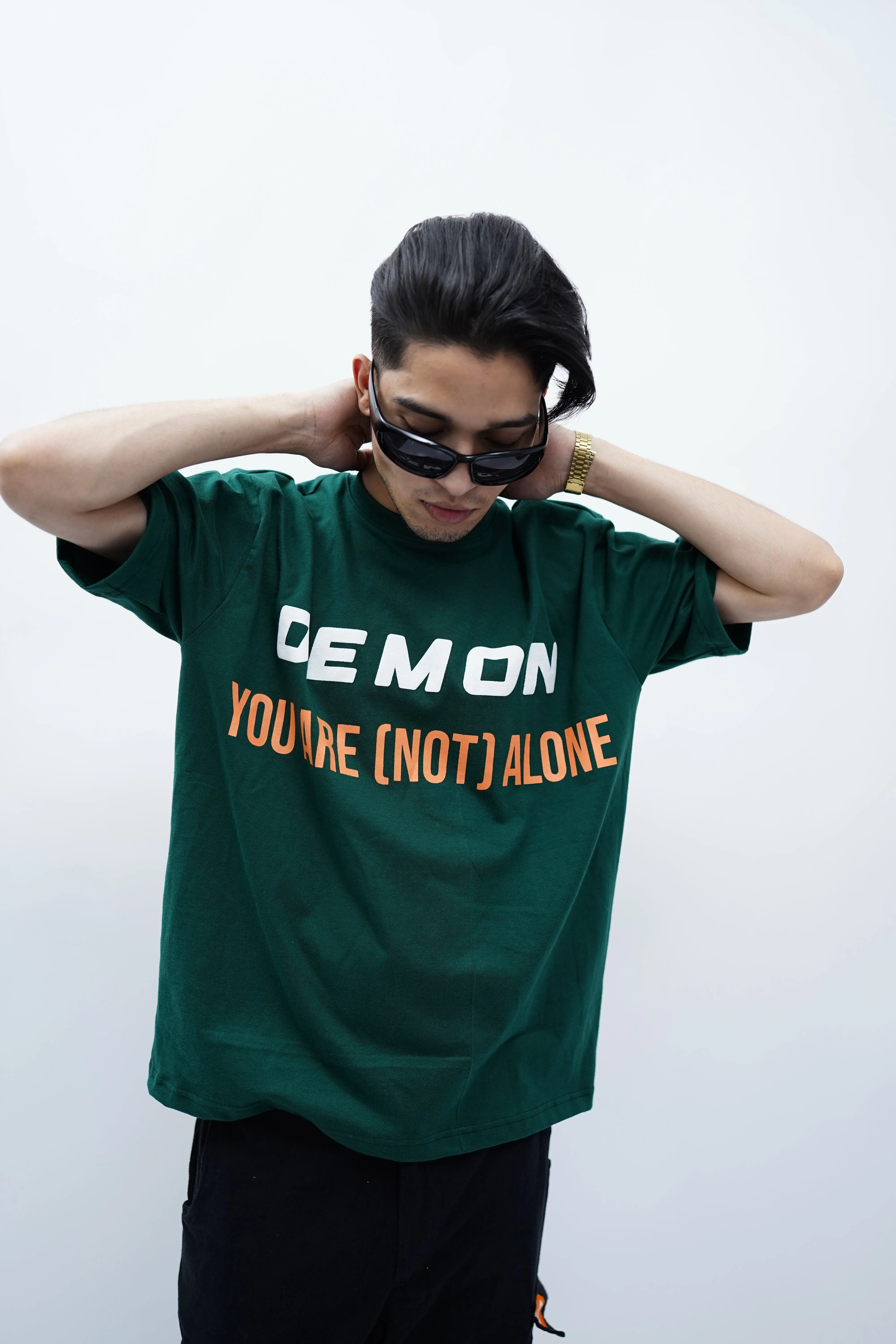 "You're (NOT) alone" Oversized Puff Print Green T-Shirt By DemonWear for Him