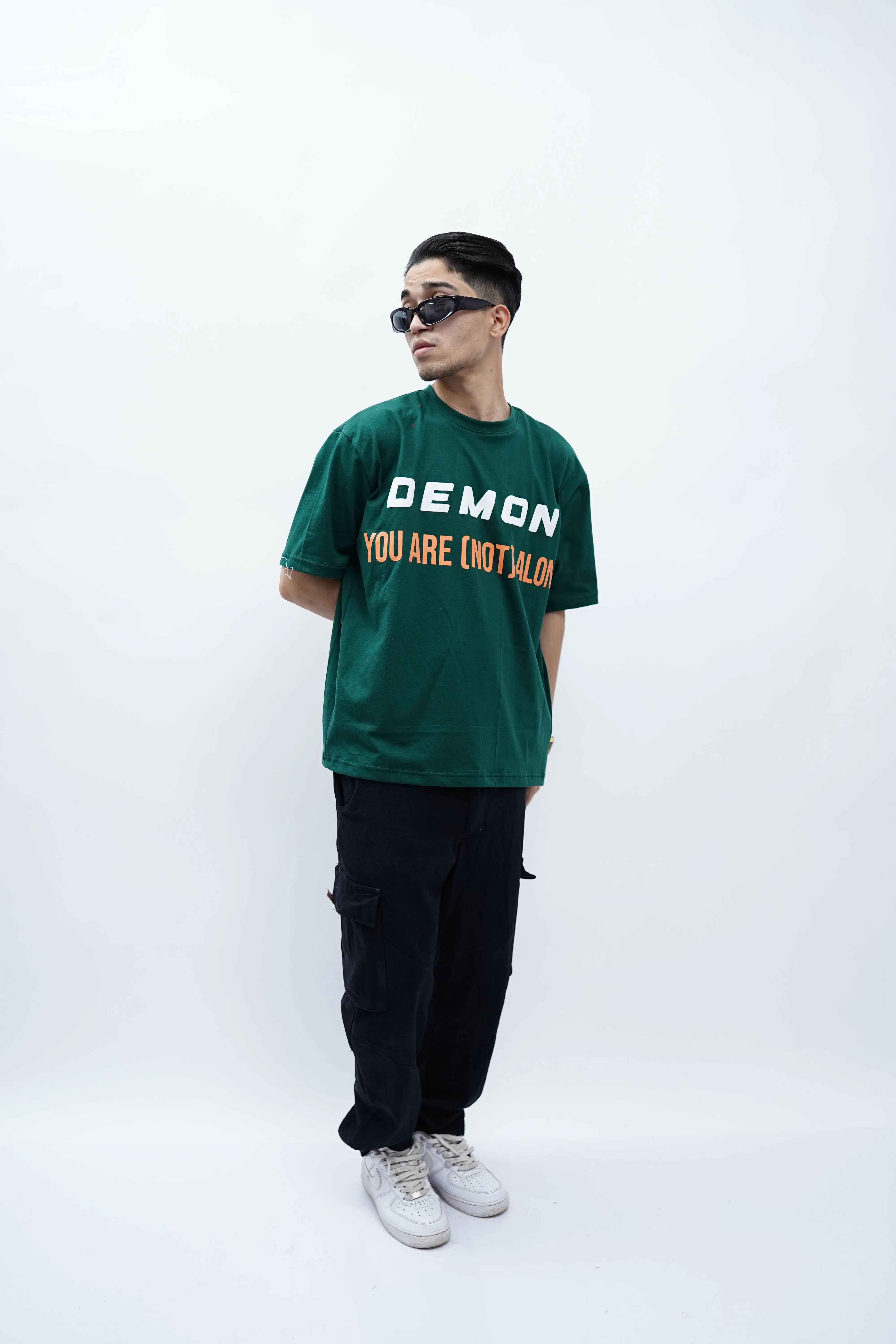 "You're (NOT) alone" Oversized Puff Print Green T-Shirt By DemonWear for Him