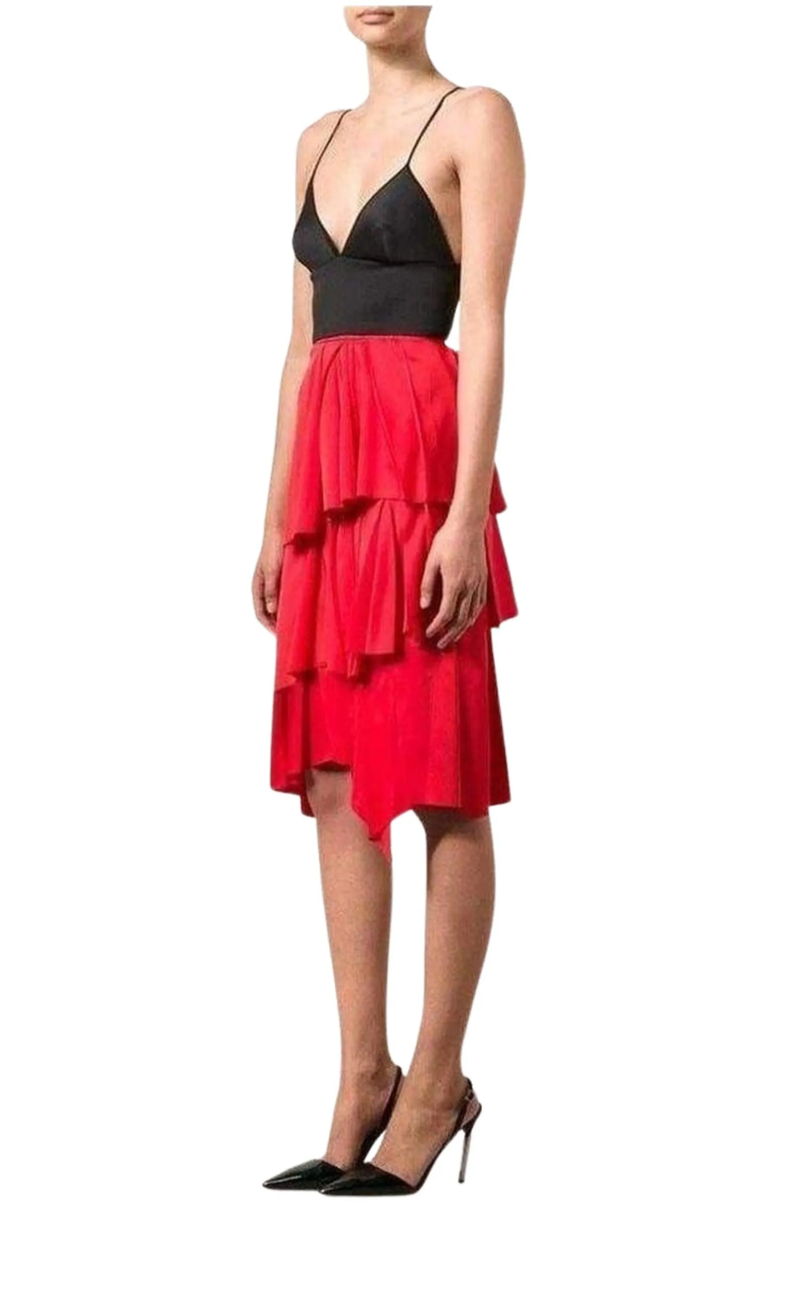 Red Draped Ruffled Skirt