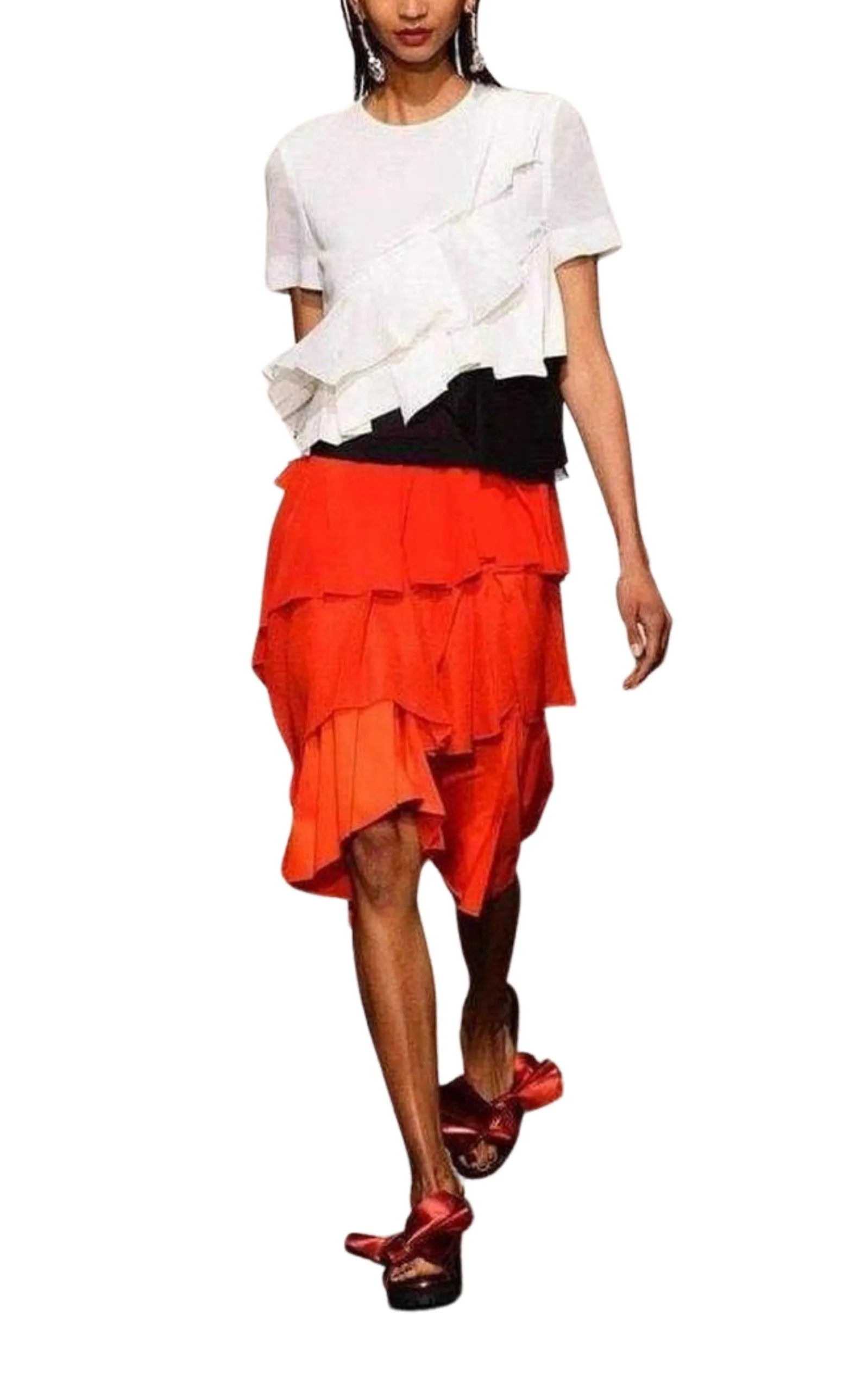 Red Draped Ruffled Skirt