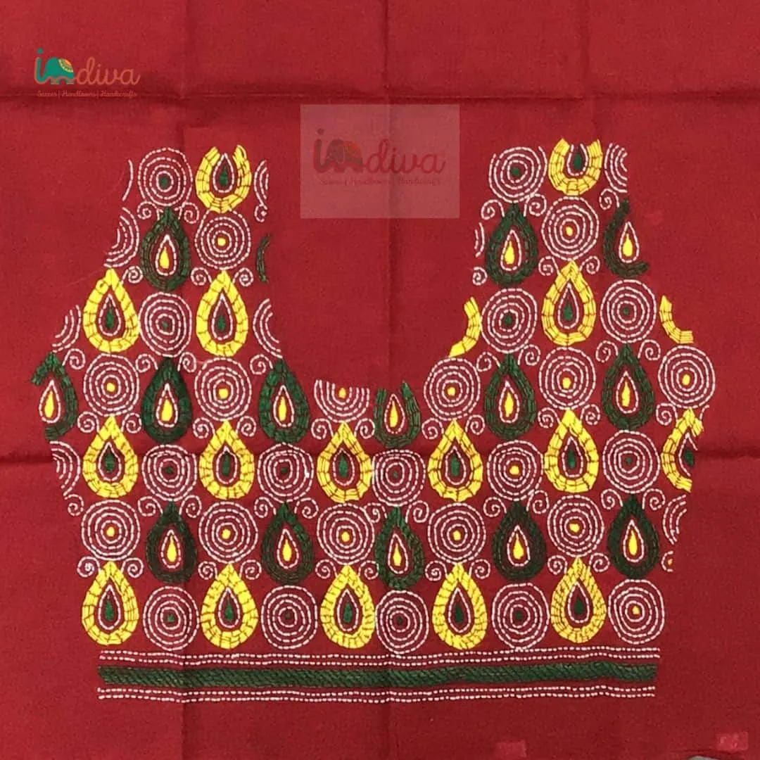 Red Kantha Blouse Material With Green & Yellow Motifs