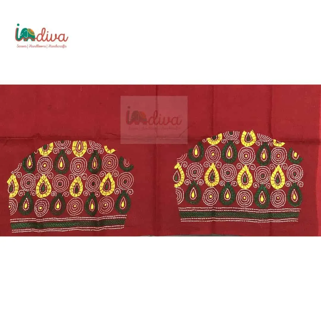 Red Kantha Blouse Material With Green & Yellow Motifs