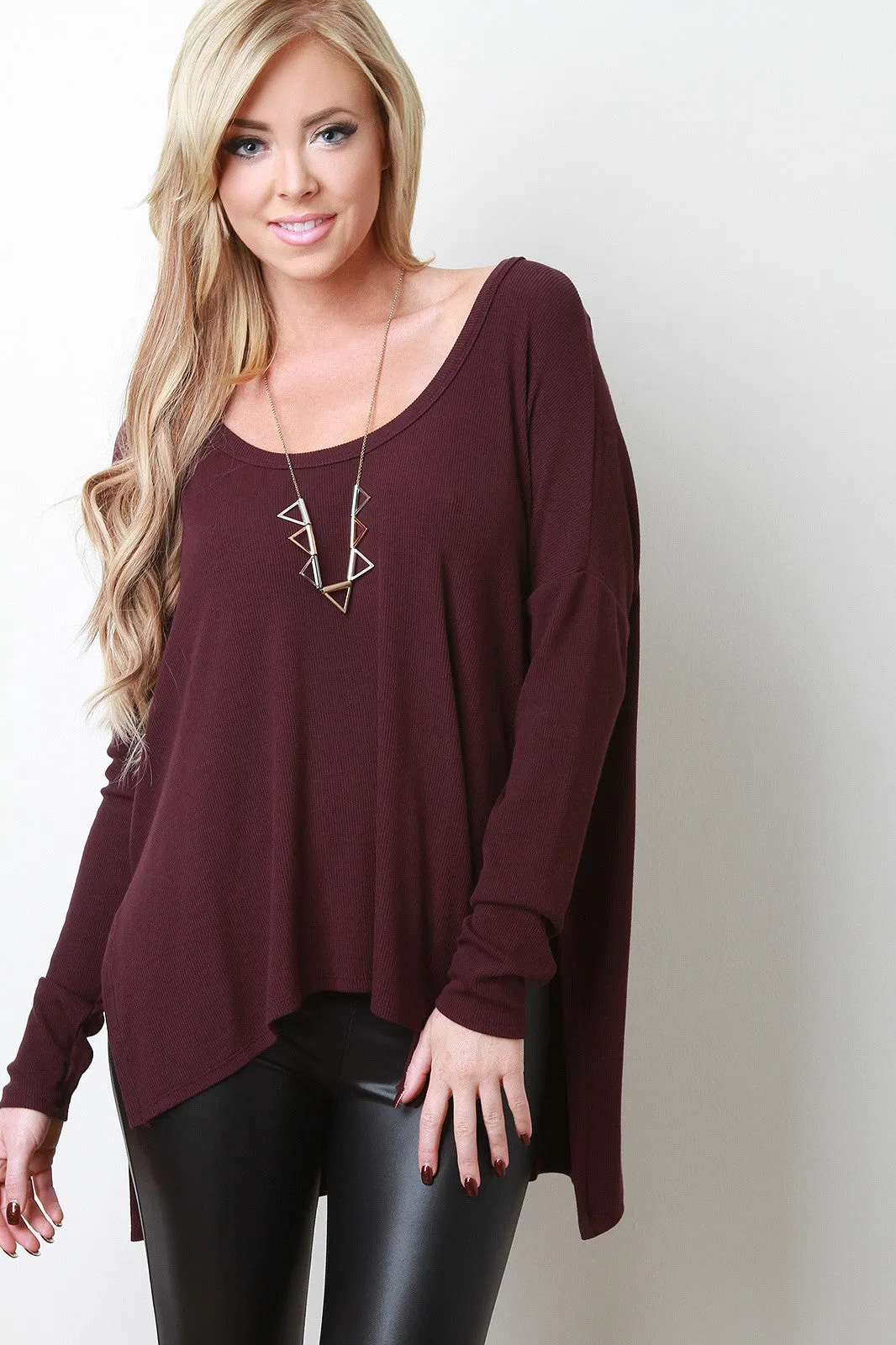 Rib Knit High-Low Long Sleeve Top