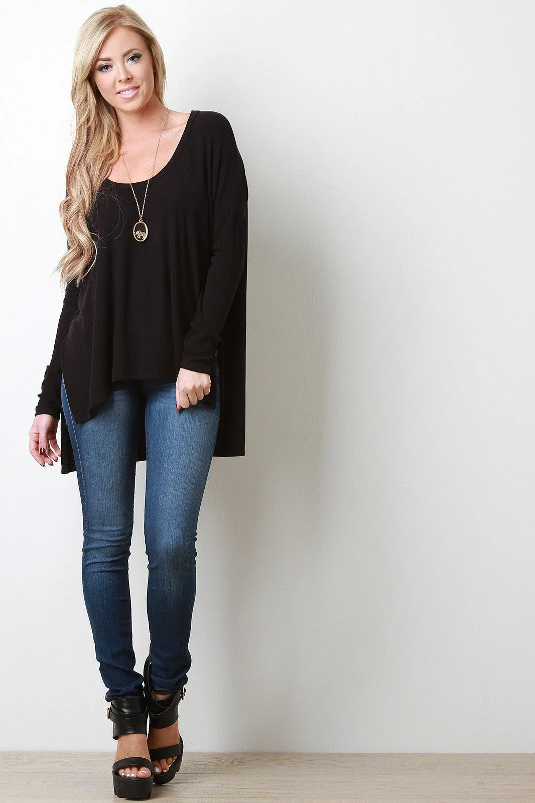 Rib Knit High-Low Long Sleeve Top