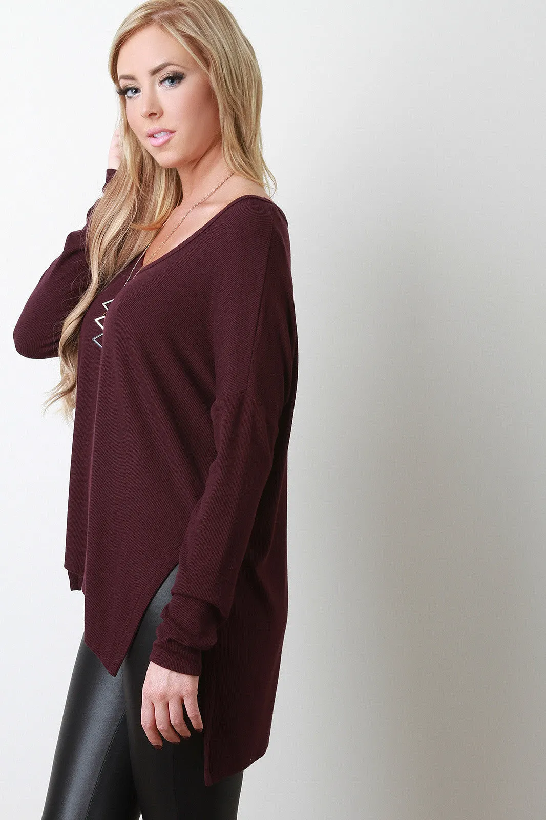 Rib Knit High-Low Long Sleeve Top