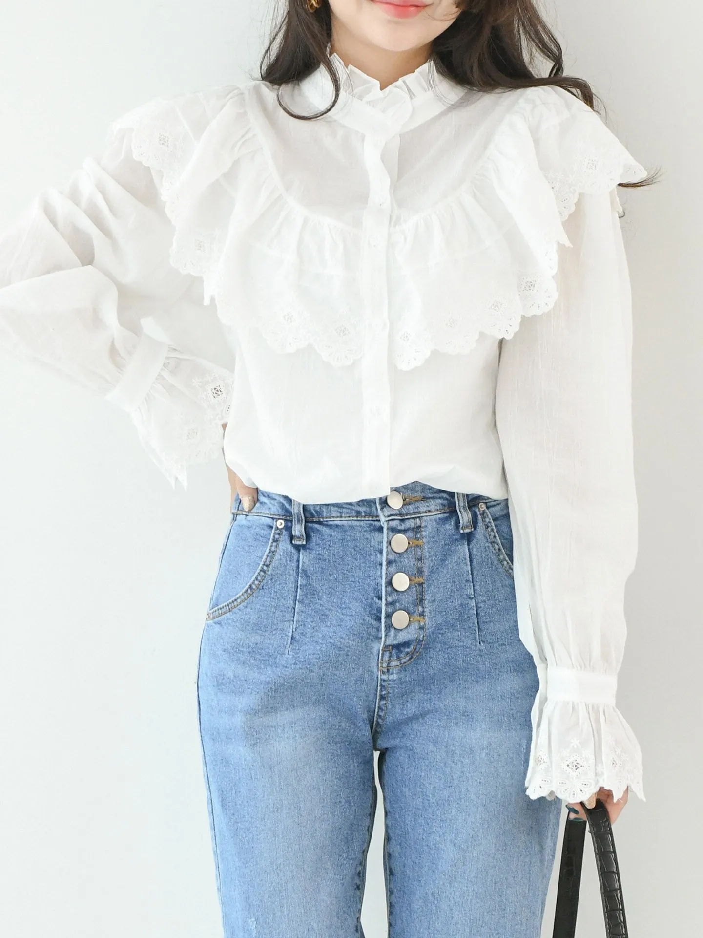 RUFFLE EMBROIDERED COTTON BLOUSE