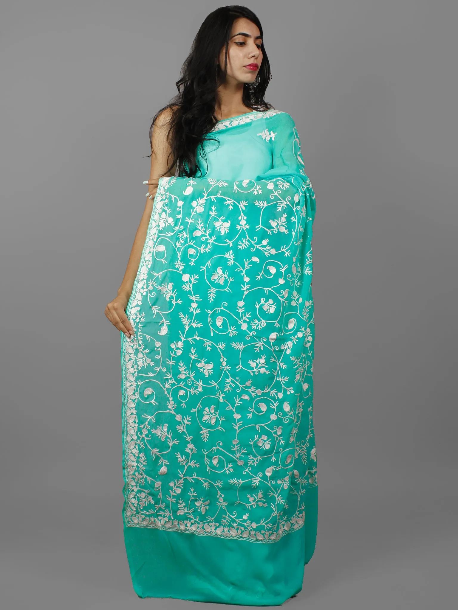 Seaform Green White Aari Embroidered Chiffon Saree From Kashmir  - S031702135