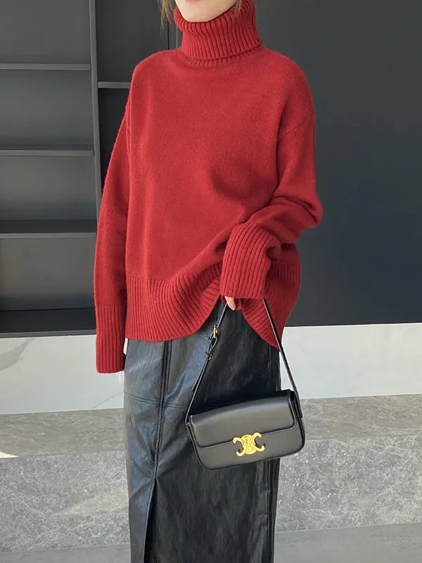 Simple High-Low Loose Solid Color High-Neck Sweater Tops