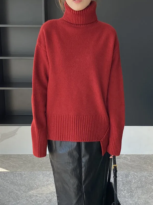 Simple High-Low Loose Solid Color High-Neck Sweater Tops