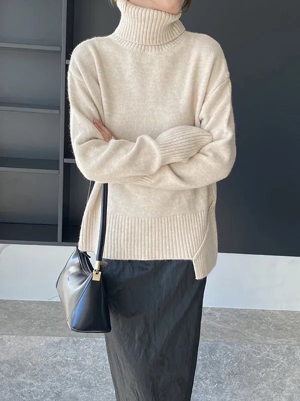 Simple High-Low Loose Solid Color High-Neck Sweater Tops