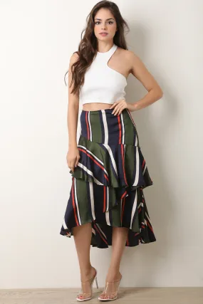 Striped Satin Tiered Ruffled High Rise Midi Skirt