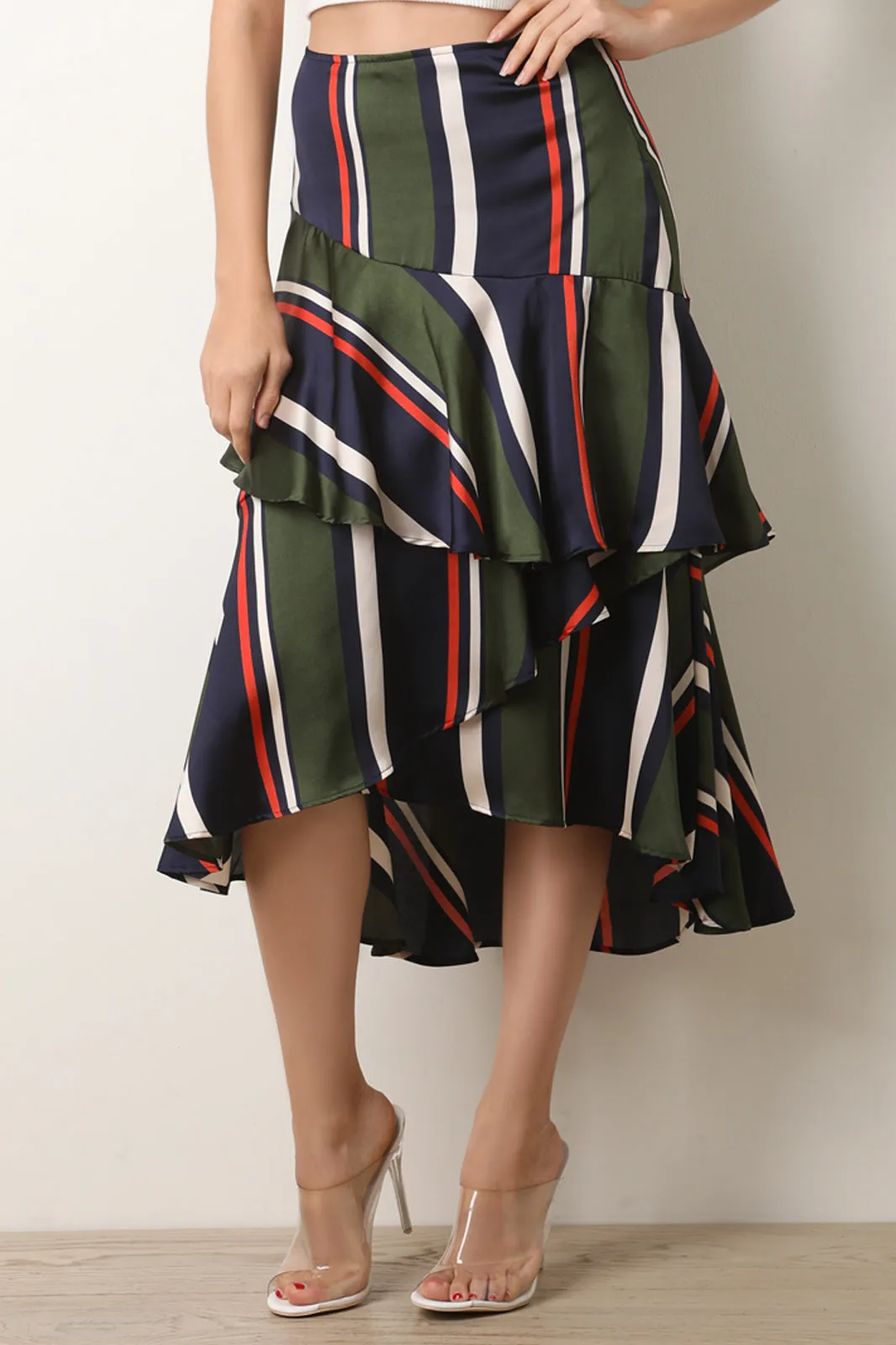 Striped Satin Tiered Ruffled High Rise Midi Skirt