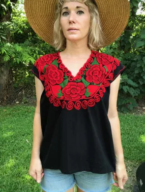 Vintage 70s | Mexican Hippie Cotton Boho Embroidered Puebla Blouse | Free Size