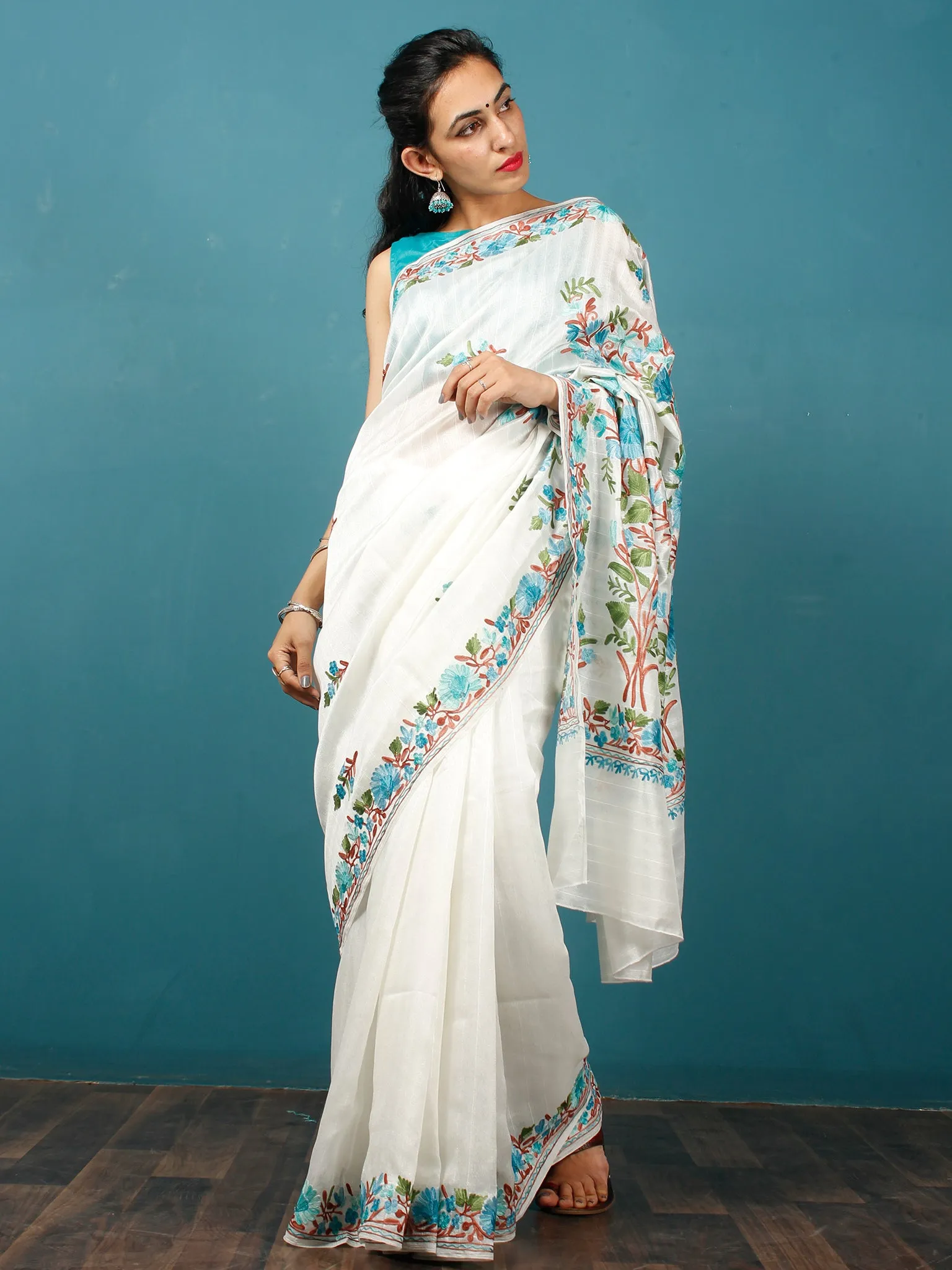 White Green Blue Rust Aari Embroidered Bhagalpuri Silk Saree From Kashmir  - S031703053