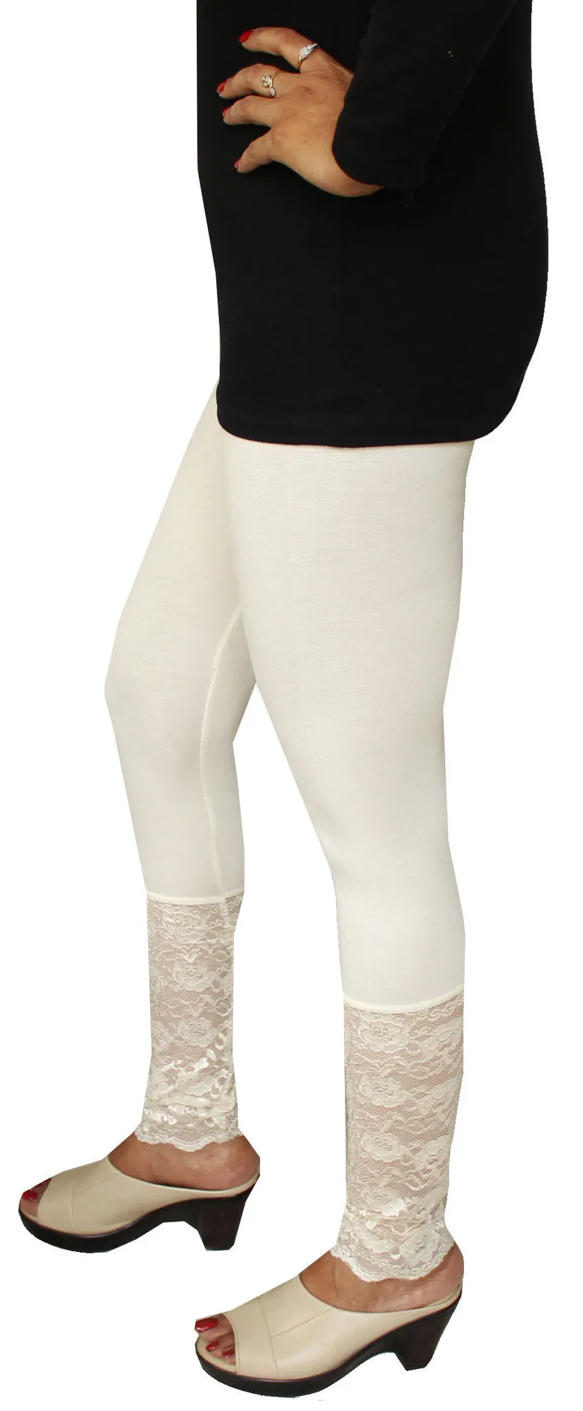 Womens Ankle Length Lace Leggings Tights Stretchable Pants (Off-White)