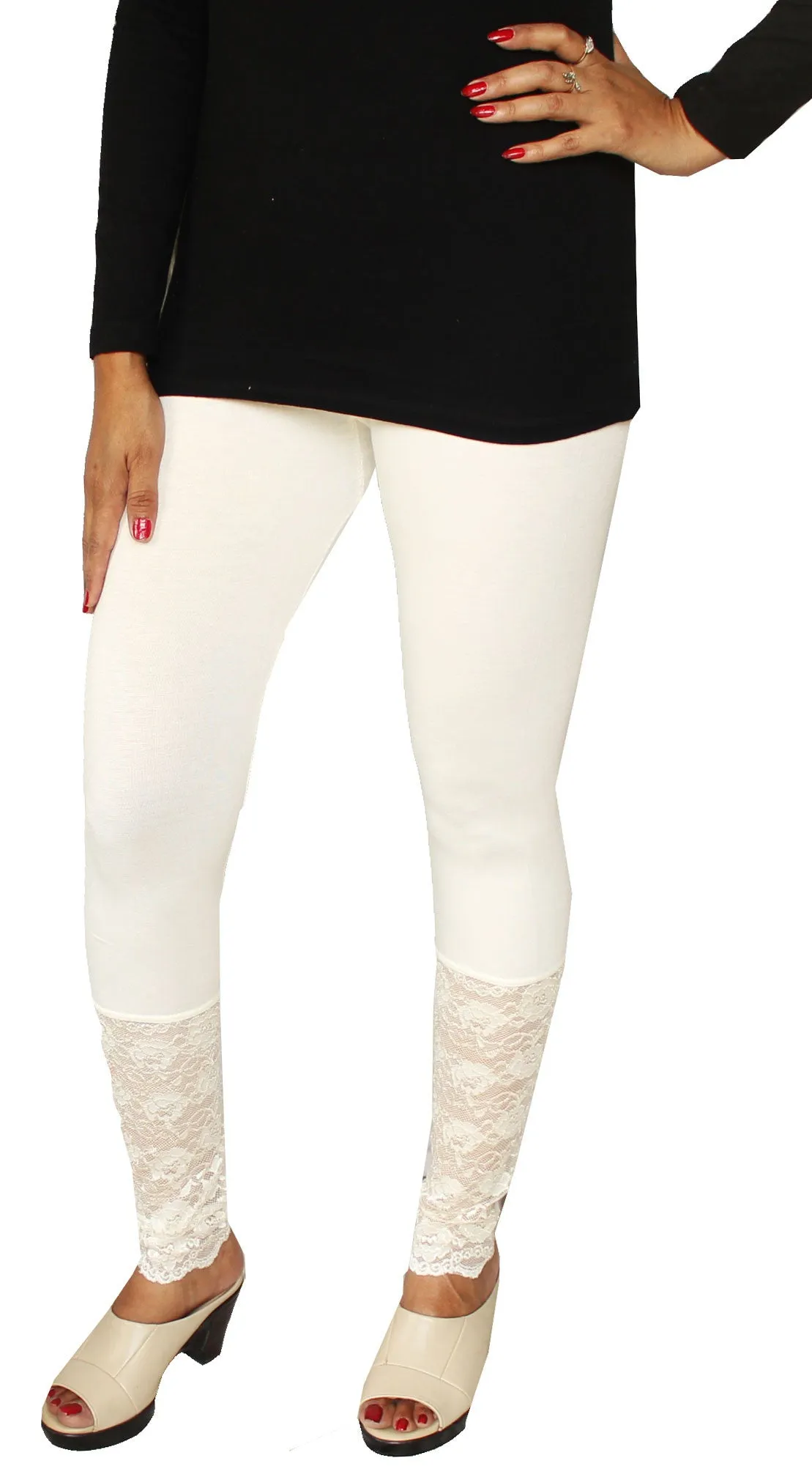 Womens Ankle Length Lace Leggings Tights Stretchable Pants (Off-White)